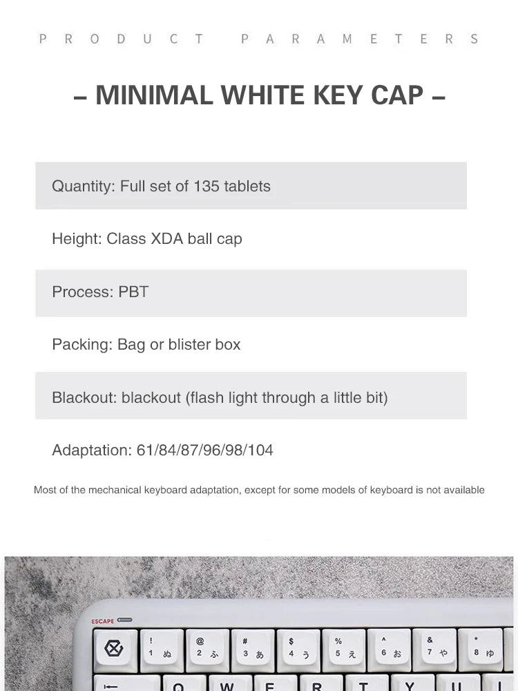 K135 Minimalist White Keycap PBT Thermal Sublimation XDA Concise Japanese Korea Key Cap Adaptive Mechanical Keyboard Keycaps